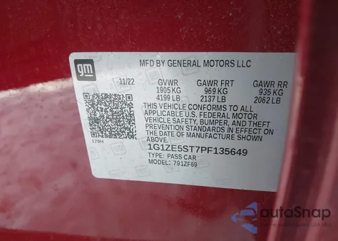 2023 Chevrolet Malibu Fwd 2Lt z USA, uszkodzony, nr VIN 1G1ZE5ST7PF135649